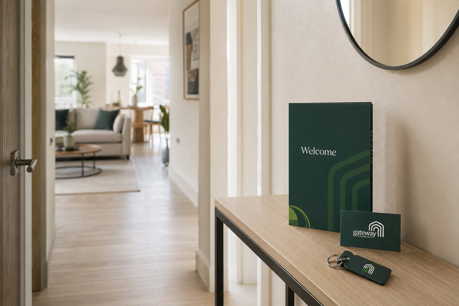 Gateway handover welcome materials arranged on a side table inside a clean home entrance